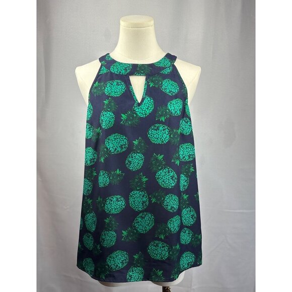 Market & Spruce Pineapple Print Keyhole Tank Top Medium Blue & Green - Picture 2 of 6